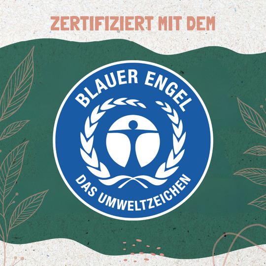 Grafik mit dem Umweltzeichen "Blauer Engel" auf grünem Hintergrund, umgeben von Pflanzenmotiven, mit der Überschrift "Zertifiziert mit dem".